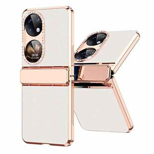 For Huawei P50 Pocket Plated Plain Leather Folding Phone Case with Hinge(White)