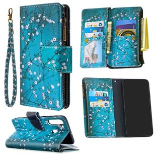 For Samsung Galaxy A21 Colored Drawing Pattern Zipper Horizontal Flip Leather Case with Holder & Card Slots & Wallet(Plum Blossom)