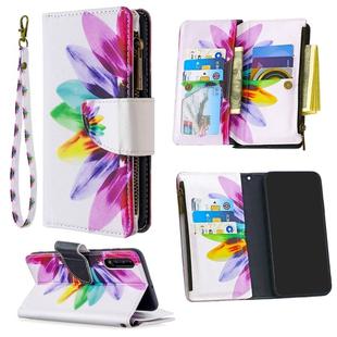 For Samsung Galaxy A50 Colored Drawing Pattern Zipper Horizontal Flip Leather Case with Holder & Card Slots & Wallet(Sun Flower)