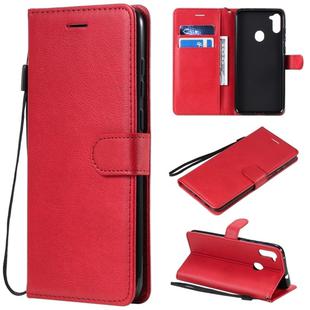 For Samsung Galaxy A11 Solid Color Horizontal Flip Protective Leather Case with Holder & Card Slots & Wallet & Photo Frame & Lanyard(Red)