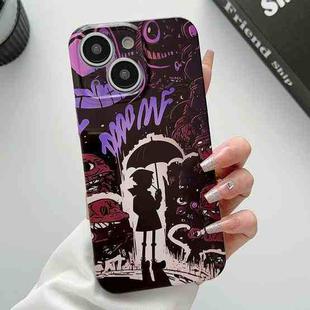 For iPhone 14 Painted Pattern Precise Hole PC Phone Case(Black Purple Umbrella Boy)