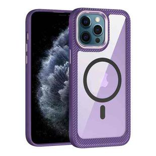 For iPhone 11 Pro Max MagSafe Carbon Fiber Transparent Back Panel Phone Case(Purple)