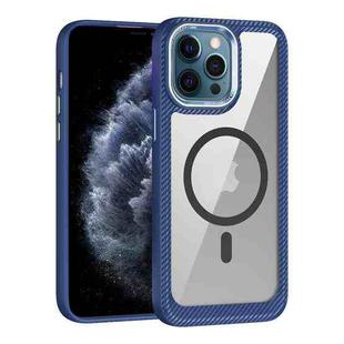For iPhone 11 Pro Max MagSafe Carbon Fiber Transparent Back Panel Phone Case(Blue)