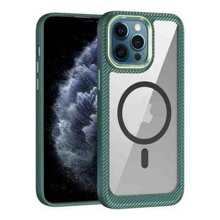 For iPhone 11 Pro Max MagSafe Carbon Fiber Transparent Back Panel Phone Case(Green)