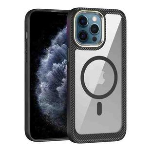 For iPhone 11 Pro Max MagSafe Carbon Fiber Transparent Back Panel Phone Case(Black)
