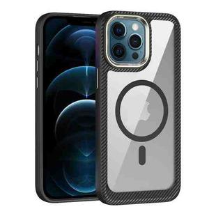 For iPhone 12 Pro Max MagSafe Carbon Fiber Transparent Back Panel Phone Case(Black)