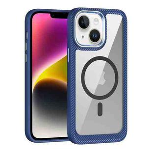 For iPhone 14 MagSafe Carbon Fiber Transparent Back Panel Phone Case(Blue)