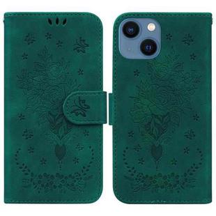 For iPhone 15 Butterfly Rose Embossed Leather Phone Case(Green)