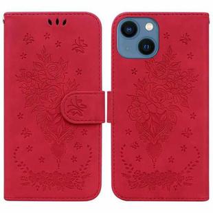 For iPhone 15 Butterfly Rose Embossed Leather Phone Case(Red)