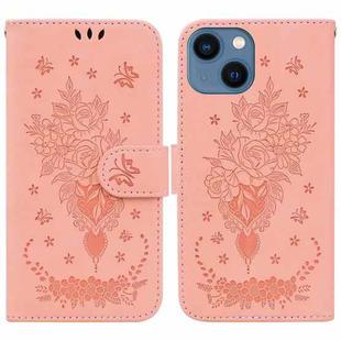 For iPhone 14 Plus Butterfly Rose Embossed Leather Phone Case(Pink)