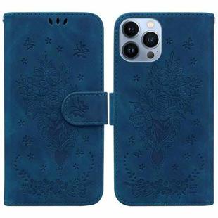 For iPhone 14 Pro Max Butterfly Rose Embossed Leather Phone Case(Blue)