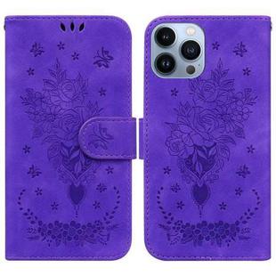 For iPhone 14 Pro Max Butterfly Rose Embossed Leather Phone Case(Purple)