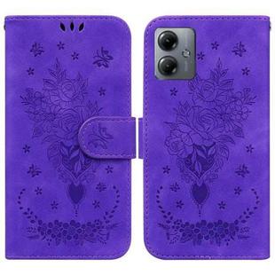 For Motorola Moto G14 Butterfly Rose Embossed Leather Phone Case(Purple)