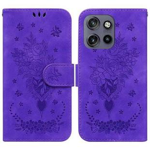 For Motorola Edge 50 Neo 5G Global Butterfly Rose Embossed Leather Phone Case(Purple)