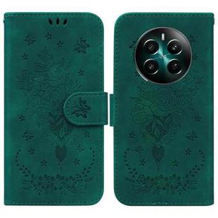 For Realme 12+ Butterfly Rose Embossed Leather Phone Case(Green)