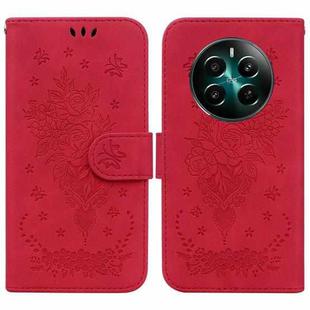 For Realme 12+ Butterfly Rose Embossed Leather Phone Case(Red)