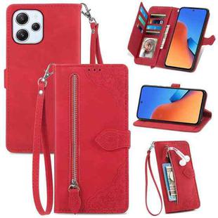 For Xiaomi Redmi 12 Embossed Flower Zipper Leather Phone Case(Red)