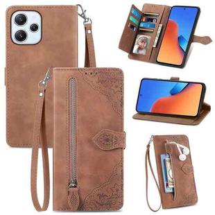 For Xiaomi Redmi 12 Embossed Flower Zipper Leather Phone Case(Brown)