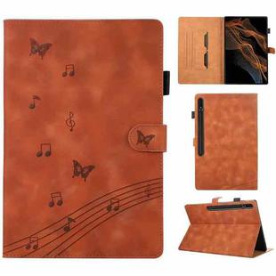 For Samsung Galaxy Tab S8 Ultra X900 Staff Music Embossed Leather Tablet Case(Brown)