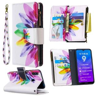 For Huawei Y7 (2019) Colored Drawing Pattern Zipper Horizontal Flip Leather Case with Holder & Card Slots & Wallet(Sun Flower)