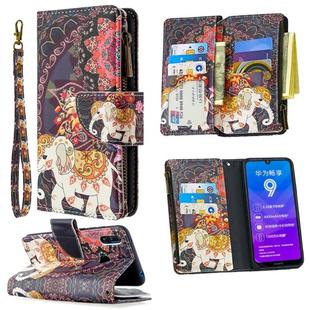 For Huawei Y7 (2019) Colored Drawing Pattern Zipper Horizontal Flip Leather Case with Holder & Card Slots & Wallet(Flower Elephants)