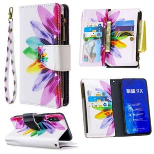 For Huawei Honor 9X Colored Drawing Pattern Zipper Horizontal Flip Leather Case with Holder & Card Slots & Wallet(Sun Flower)