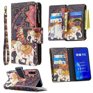 For Huawei Honor 9X Colored Drawing Pattern Zipper Horizontal Flip Leather Case with Holder & Card Slots & Wallet(Flower Elephants)