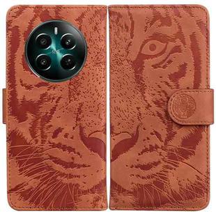For Realme 12+ Tiger Embossing Pattern Flip Leather Phone Case(Brown)