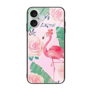 For iPhone 16 Plus Colorful Painted Glass Phone Case(Flamingo)