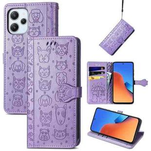 For Xiaomi Redmi 12 Cat and Dog Embossed Leather Phone Case(Purple)