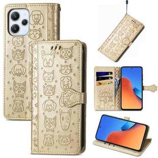 For Xiaomi Redmi 12 Cat and Dog Embossed Leather Phone Case(Gold)