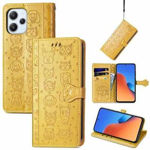 For Xiaomi Redmi 12 Cat and Dog Embossed Leather Phone Case(Yellow)