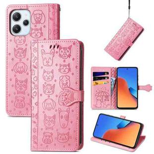 For Xiaomi Redmi 12 Cat and Dog Embossed Leather Phone Case(Pink)