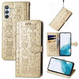 For Samsung Galaxy A54 5G Cat and Dog Embossed Leather Phone Case(Gold)