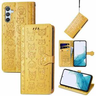For Samsung Galaxy A54 5G Cat and Dog Embossed Leather Phone Case(Yellow)