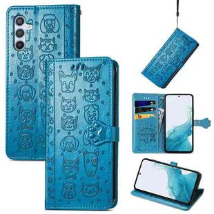 For Samsung Galaxy A54 5G Cat and Dog Embossed Leather Phone Case(Blue)