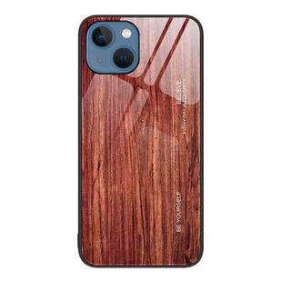 For iPhone 15 Plus Wood Grain Glass Phone Case(Coffee)