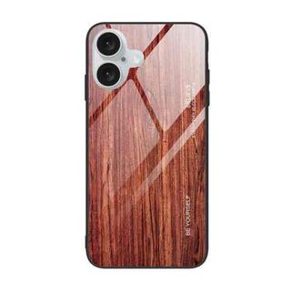 For iPhone 16 Plus Wood Grain Glass Phone Case(Coffee)