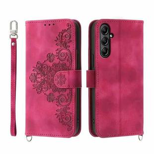 For Samsung Galaxy A25 5G Skin-feel Flowers Embossed Wallet Leather Phone Case(Wine Red)