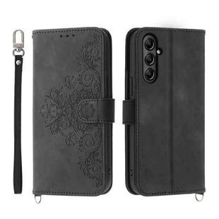 For Samsung Galaxy A25 5G Skin-feel Flowers Embossed Wallet Leather Phone Case(Black)