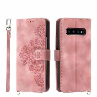 For Samsung Galaxy S10 Skin-feel Flowers Embossed Wallet Leather Phone Case(Pink)