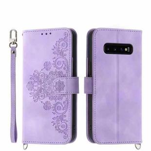 For Samsung Galaxy S10+ Skin-feel Flowers Embossed Wallet Leather Phone Case(Purple)
