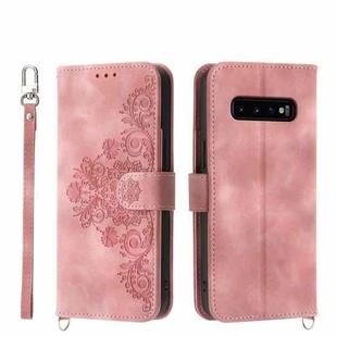 For Samsung Galaxy S10+ Skin-feel Flowers Embossed Wallet Leather Phone Case(Pink)