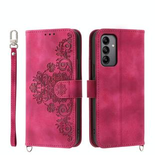 For Samsung Galaxy A05s Skin-feel Flowers Embossed Wallet Leather Phone Case(Wine Red)