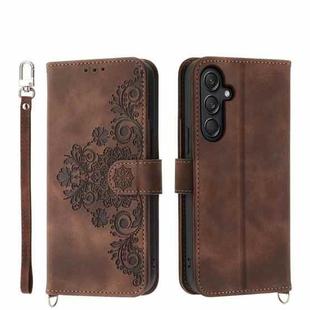 For Samsung Galaxy M55 Skin-feel Flowers Embossed Wallet Leather Phone Case(Brown)