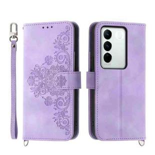 For vivo V27 Skin-feel Flowers Embossed Wallet Leather Phone Case(Purple)