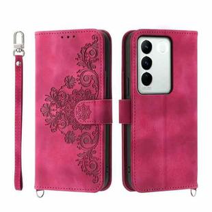 For vivo V27 Skin-feel Flowers Embossed Wallet Leather Phone Case(Wine Red)