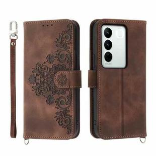 For vivo V27 Skin-feel Flowers Embossed Wallet Leather Phone Case(Brown)