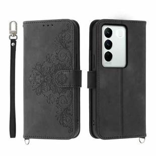 For vivo V27 Skin-feel Flowers Embossed Wallet Leather Phone Case(Black)