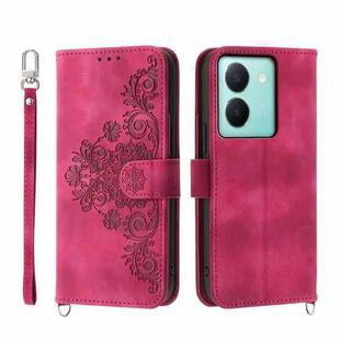 For vivo Y36 Skin-feel Flowers Embossed Wallet Leather Phone Case(Wine Red)